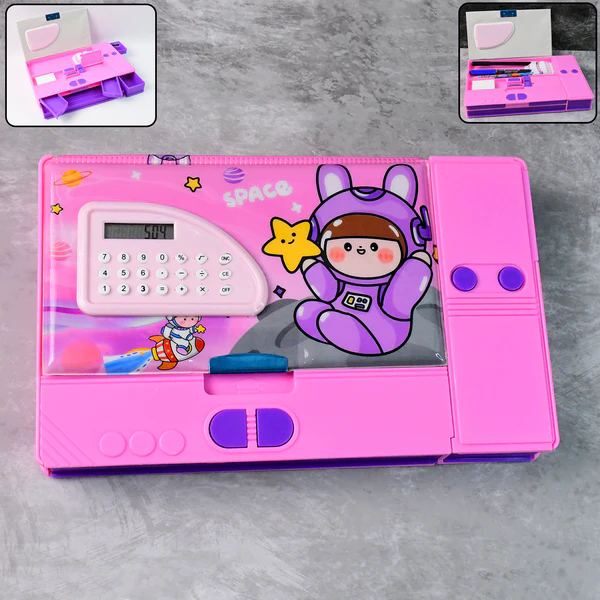 Space Theme Pencil Box with Built-in Calculator – Dual Compartment Organizer