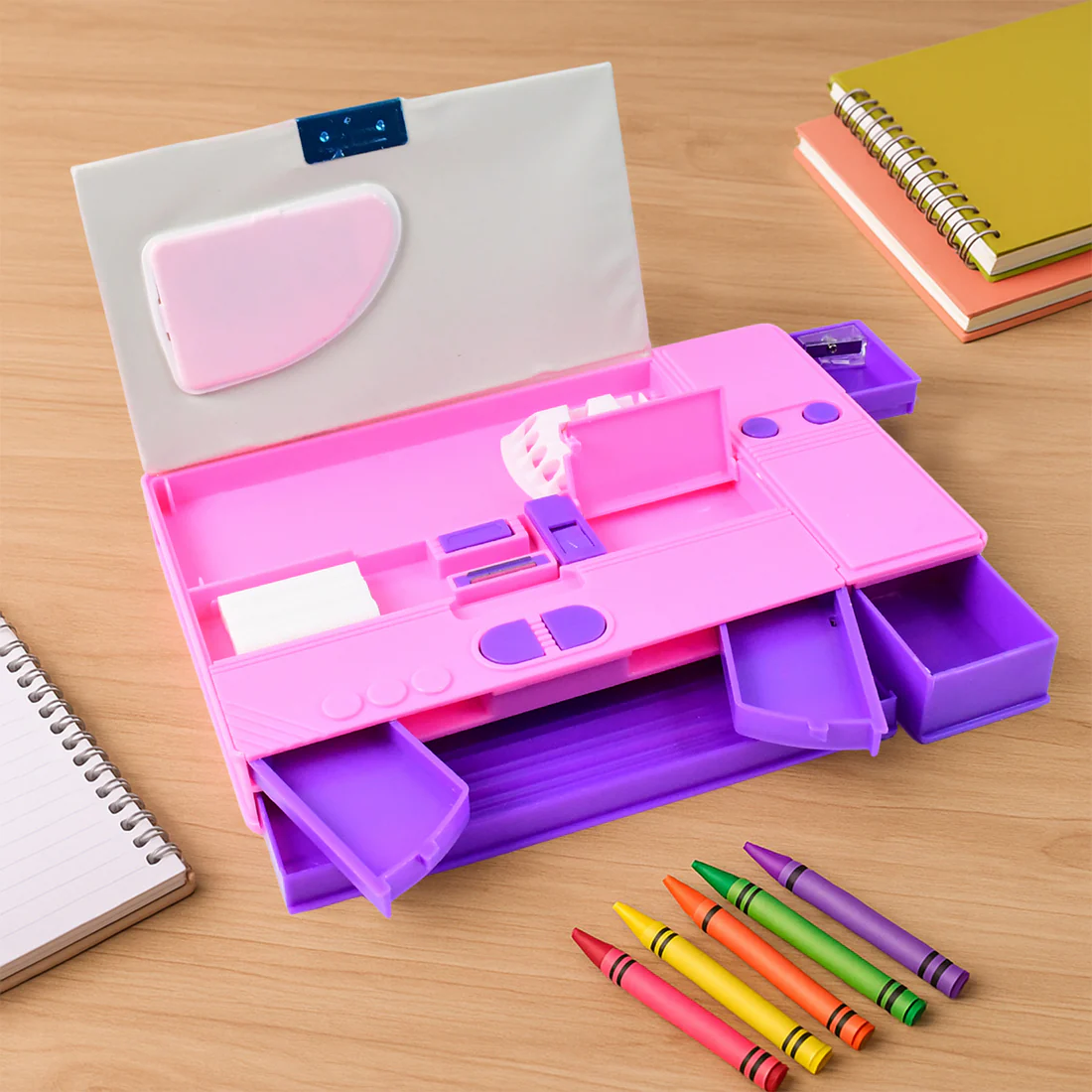 Space Theme Pencil Box with Built-in Calculator – Dual Compartment Organizer