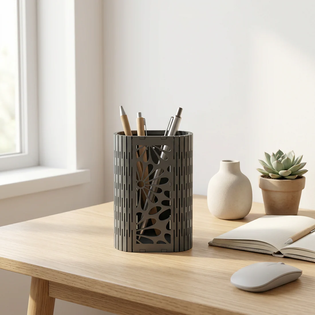 Floral Mesh Pen Holder – Laser Cut MDF Desk Organizer