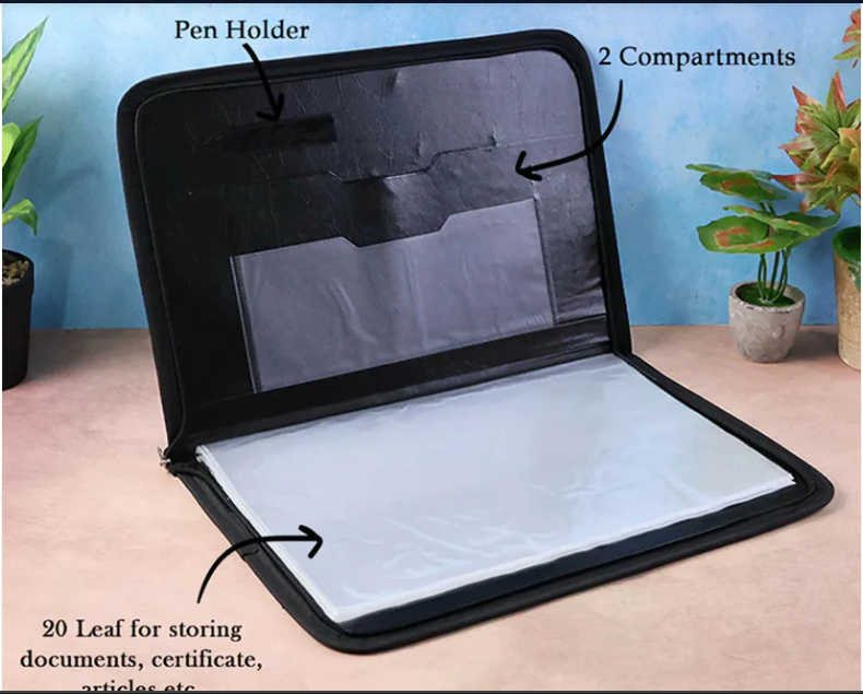 Executive Document File Folder – Secure Zipper with 20 Clear Sleeves
