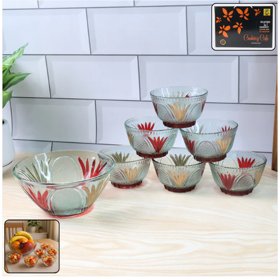 Glass Dessert Bowl Set – 7 Pc Rose Design | Serve Stellar