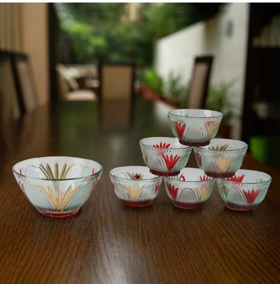 Glass Dessert Bowl Set – 7 Pc Rose Design | Serve Stellar - Image 3