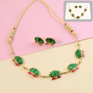 Lotus Motif Jewellery Set – Elegant Green Ethnic Necklace with Earrings