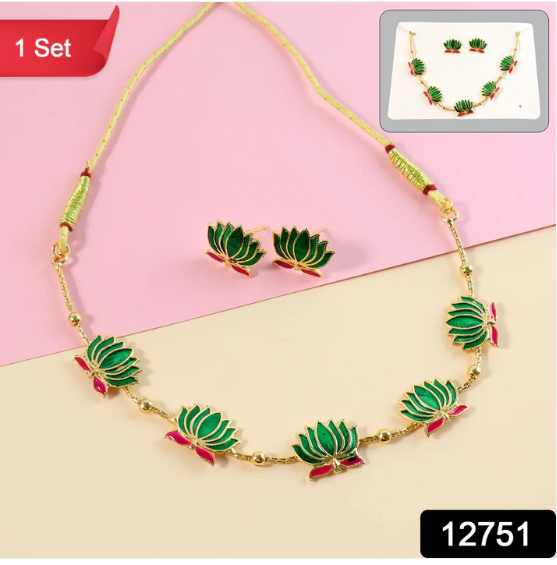 Lotus Motif Jewellery Set – Elegant Green Ethnic Necklace with Earrings - Image 2