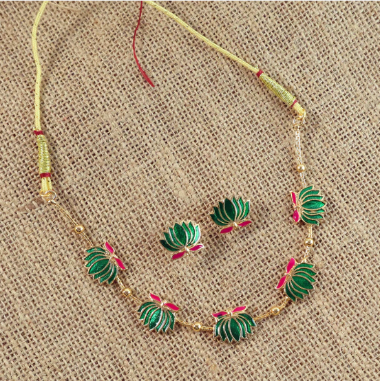 Lotus Motif Jewellery Set – Elegant Green Ethnic Necklace with Earrings - Image 3