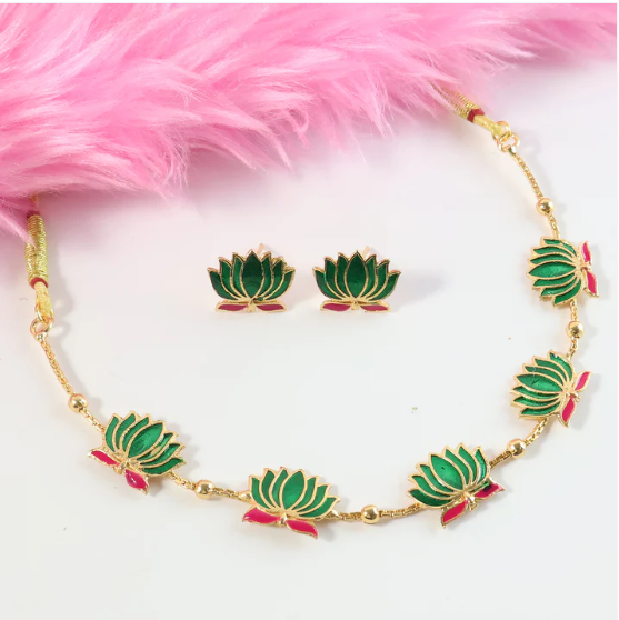 Lotus Motif Jewellery Set – Elegant Green Ethnic Necklace with Earrings - Image 4