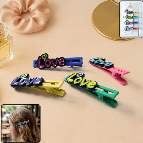 Decorative Hair Clip Set – Stylish Text Design, Pack of 4