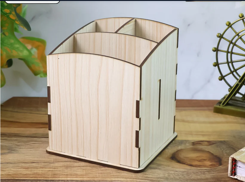 Wooden Pen Stand – Multi-Section Cube Desk Organizer