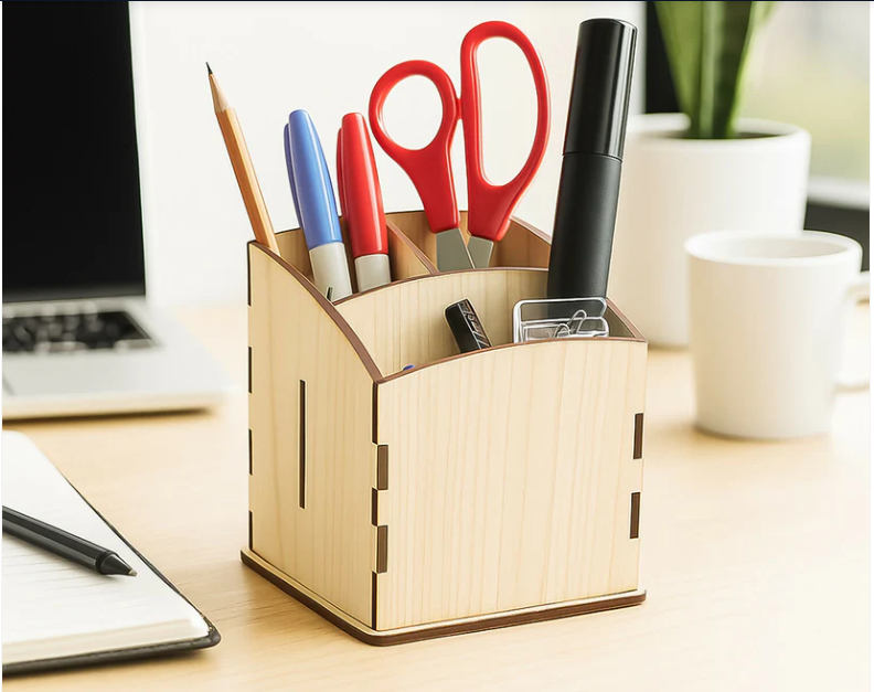 Wooden Pen Stand – Multi-Section Cube Desk Organizer