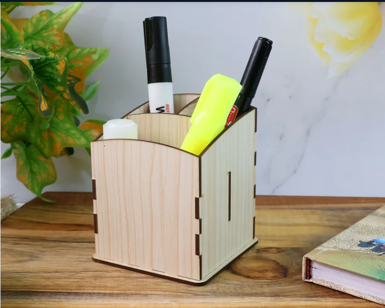 Wooden Pen Stand – Multi-Section Cube Desk Organizer