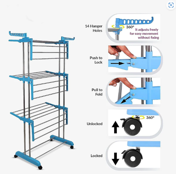 Cloth Drying Stand – 3-Layer Foldable Stainless Steel | FreshAura