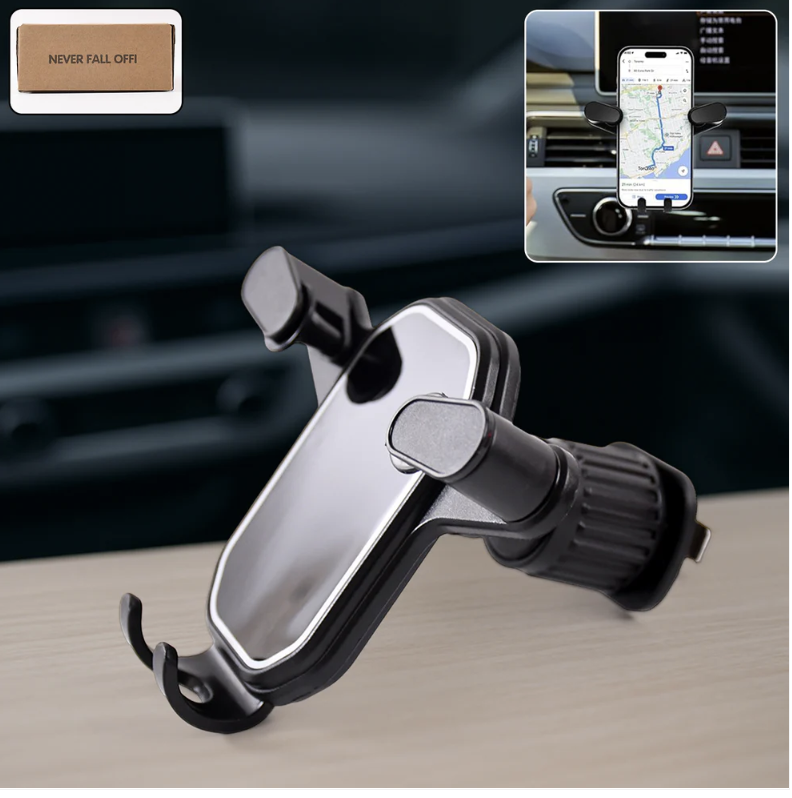 he Gravity Car Phone Holder offers a secure, hands-free solution for mounting your smartphone in the car, featuring an innovative gravity clamping design for a firm grip on all phone sizes. This universal air vent mount ensures your phone stays visible and stable, perfect for navigation and hands-free calls. Key features Gravity Auto-Lock clamps your phone automatically for easy one-hand operation. Compatible with all smartphone models, including top brands like iPhone and Samsung. Secure air vent clip with anti-slip silicone padding for stable attachment and device protection. 360° rotatable ball joint for adjustable viewing angles to suit your driving preferences. Compact ABS plastic construction blends elegantly with your car’s interior without blocking airflow.