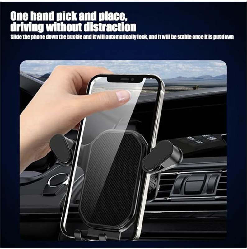 he Gravity Car Phone Holder offers a secure, hands-free solution for mounting your smartphone in the car, featuring an innovative gravity clamping design for a firm grip on all phone sizes. This universal air vent mount ensures your phone stays visible and stable, perfect for navigation and hands-free calls. Key features Gravity Auto-Lock clamps your phone automatically for easy one-hand operation. Compatible with all smartphone models, including top brands like iPhone and Samsung. Secure air vent clip with anti-slip silicone padding for stable attachment and device protection. 360° rotatable ball joint for adjustable viewing angles to suit your driving preferences. Compact ABS plastic construction blends elegantly with your car’s interior without blocking airflow.