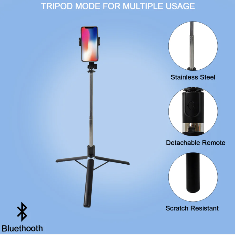 Selfie Stick with Tripod Stand – 160 Cm Adjustable Bluetooth Remote