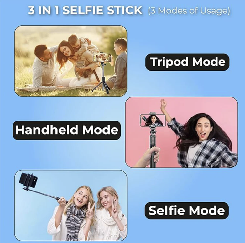 Selfie Stick with Tripod Stand – 160 Cm Adjustable Bluetooth Remote