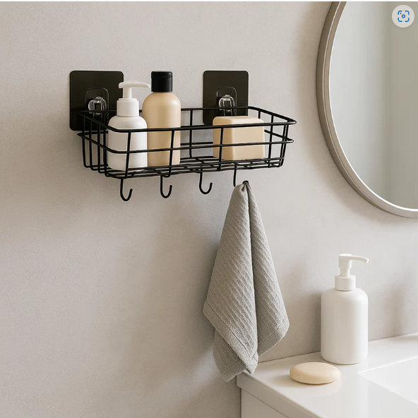 Self-Adhesive Wall Storage Baskets with Hooks – Durable Metal, No Drill