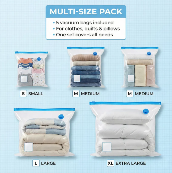 Vacuum Storage Bags with Suction Pump – Space-Saving 5 Pcs Set