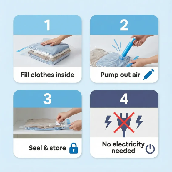 Vacuum Storage Bags with Suction Pump – Space-Saving 5 Pcs Set