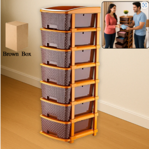 Key features 7 layers for large capacity: Organize clothes, toys, stationery, and more with vertical multi-level storage. Durable plastic construction: Made from premium virgin PP plastic ensuring strength and longevity. Woven texture design: A stylish basket-style front that enhances your room decor. Smooth glide drawers: Easy to pull out and provides dust-free storage. Stackable and modular: Lightweight and easy to rearrange for your space needs. Flat top surface: Use as a mini table for decor or daily essentials. Brown box packaging: Convenient for shipping and gifting. Materials & care 7-Layer Plastic Storage Drawer Organizer – Durable & Spacious