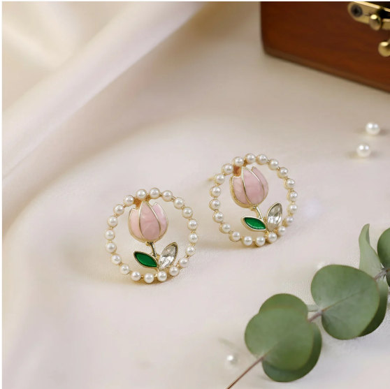 Korean Pearl Floral Stud Earrings – Elegant Rose Design
