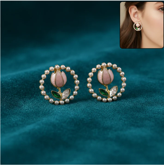 Korean Pearl Floral Stud Earrings – Elegant Rose Design - Image 2