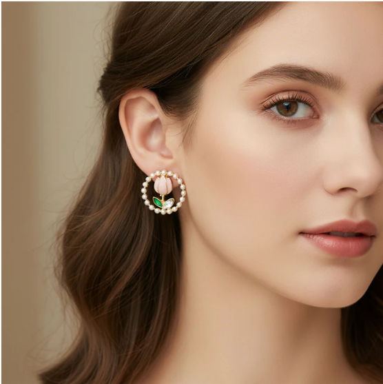 Korean Pearl Floral Stud Earrings – Elegant Rose Design - Image 3