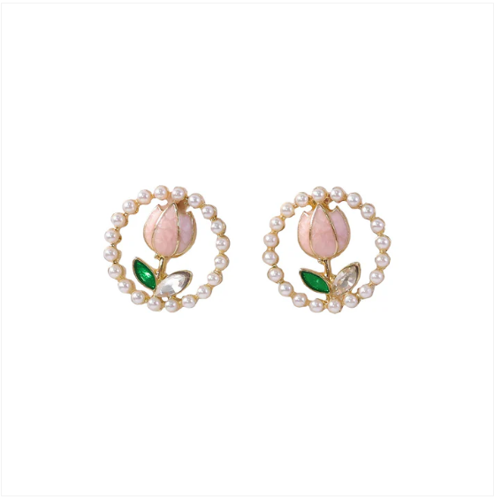 Korean Pearl Floral Stud Earrings – Elegant Rose Design - Image 5