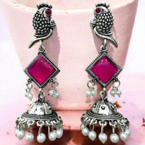 Oxidised Silver Pink Stone Jhumka Earrings – Parrot Design with Pearls