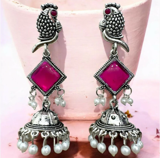 Oxidised Silver Pink Stone Jhumka Earrings – Parrot Design with Pearls