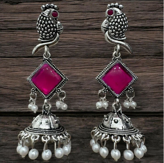 Oxidised Silver Pink Stone Jhumka Earrings – Parrot Design with Pearls - Image 2
