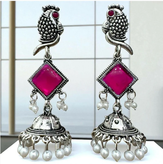 Oxidised Silver Pink Stone Jhumka Earrings – Parrot Design with Pearls - Image 3