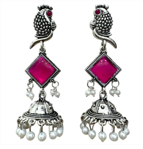 Oxidised Silver Pink Stone Jhumka Earrings – Parrot Design with Pearls - Image 4