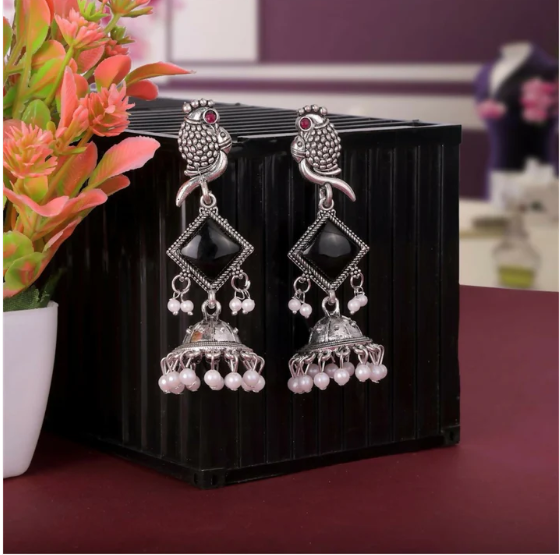 Oxidised Silver Parrot Design Jhumka Earrings with Black Stones