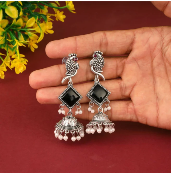 Oxidised Silver Parrot Design Jhumka Earrings with Black Stones - Image 2