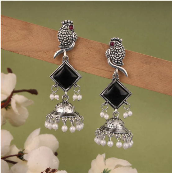 Oxidised Silver Parrot Design Jhumka Earrings with Black Stones - Image 3
