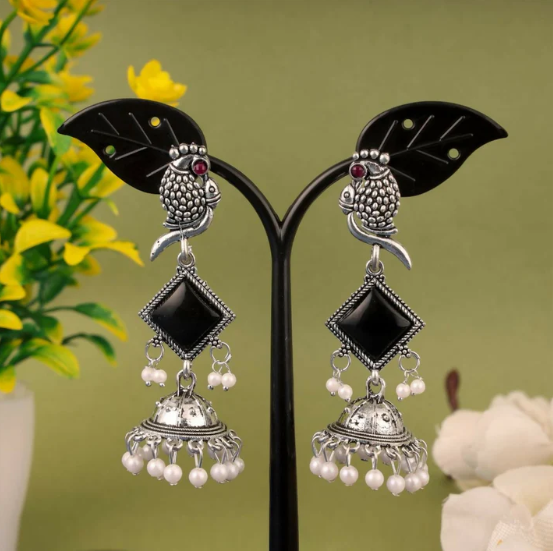 Oxidised Silver Parrot Design Jhumka Earrings with Black Stones - Image 4