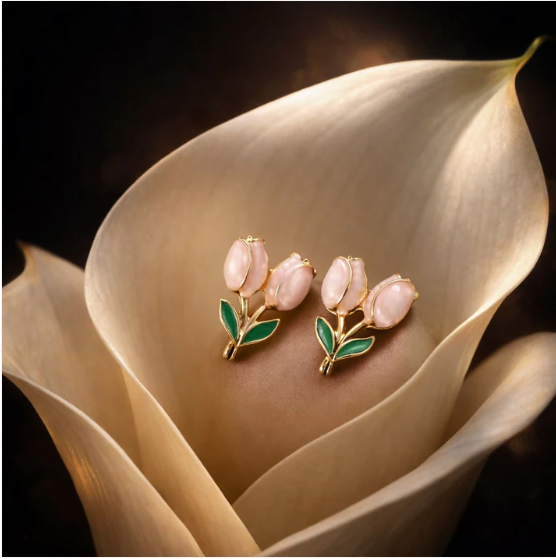 Pink Tulip Flower Stud Earrings – Elegant Korean Style Jewelry - Image 3