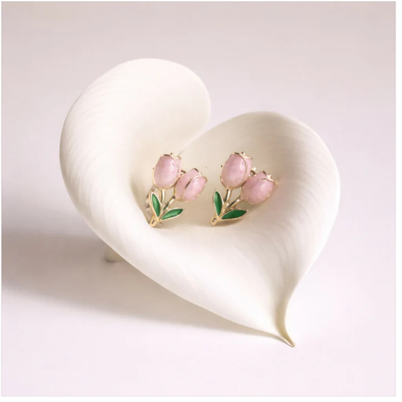 Pink Tulip Flower Stud Earrings – Elegant Korean Style Jewelry - Image 4