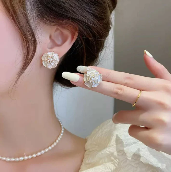 White Camellia Flower Stud Earrings – Elegant Micro-Pearl Accents - Image 2