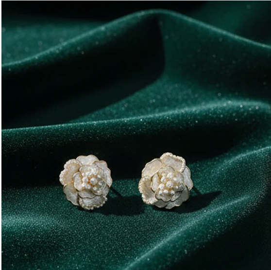 White Camellia Flower Stud Earrings – Elegant Micro-Pearl Accents - Image 3