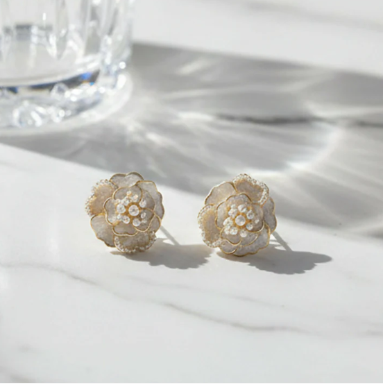 White Camellia Flower Stud Earrings – Elegant Micro-Pearl Accents - Image 4
