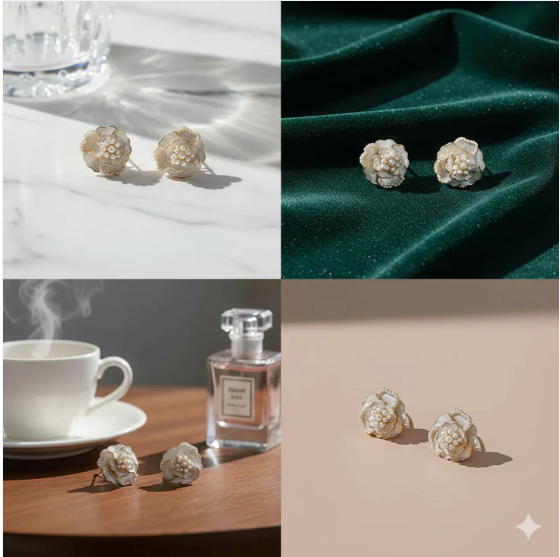 White Camellia Flower Stud Earrings – Elegant Micro-Pearl Accents - Image 5