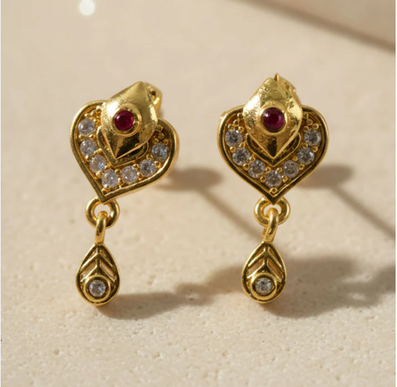 Gold Heart Drop Earrings with Ruby & Crystal Accents – Elegant Design - Image 2