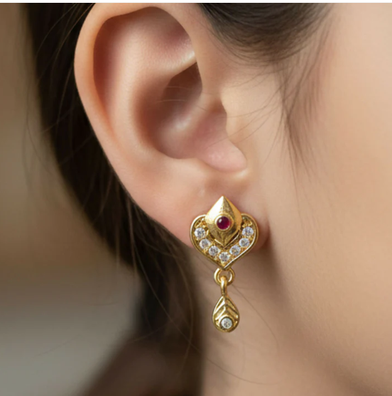 Gold Heart Drop Earrings with Ruby & Crystal Accents – Elegant Design - Image 3