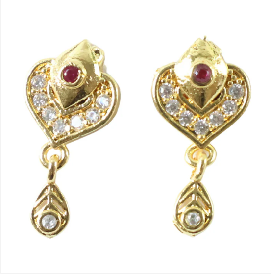 Gold Heart Drop Earrings with Ruby & Crystal Accents – Elegant Design - Image 4