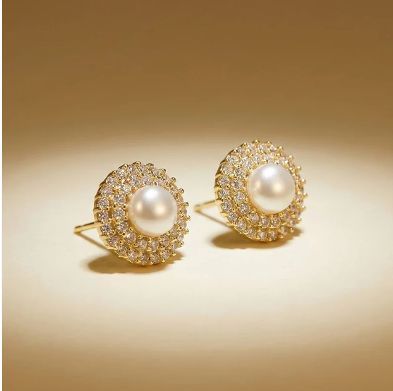 Pearl Stud Earrings – Elegant Gold Finish with Crystal Border - Image 2