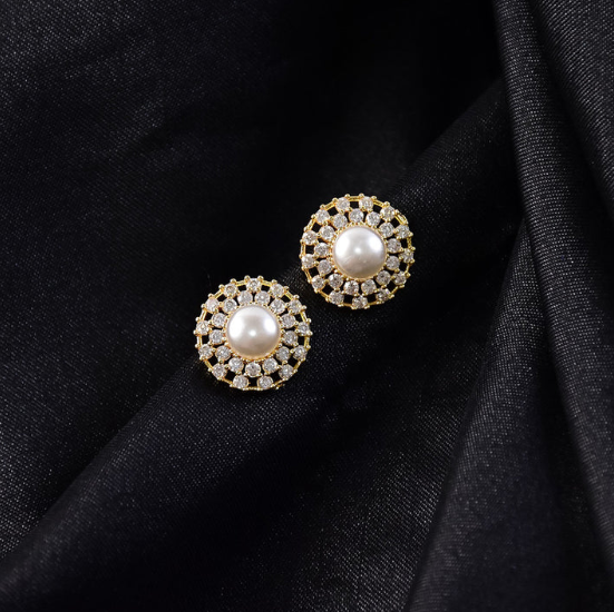 Pearl Stud Earrings – Elegant Gold Finish with Crystal Border - Image 3