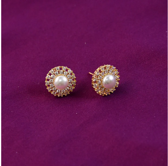 Pearl Stud Earrings – Elegant Gold Finish with Crystal Border - Image 4