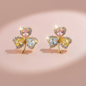 Crystal Clover Stud Earrings – Multicolor Gold Finish for Women