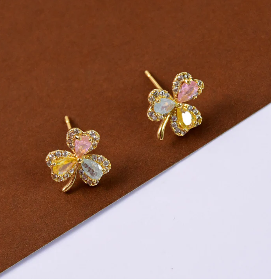 Crystal Clover Stud Earrings – Multicolor Gold Finish for Women - Image 4